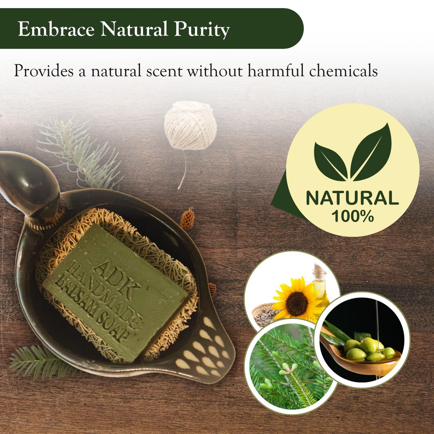 Adirondack Fragrance & Flavor Farm ADK Natural Balsam Soap Bar 4 oz., Handmade Vegan Olive Oil Body Soap for Dry and Sensitive Skin, Moisturising for Men, Women & Babies, Produced in the USA