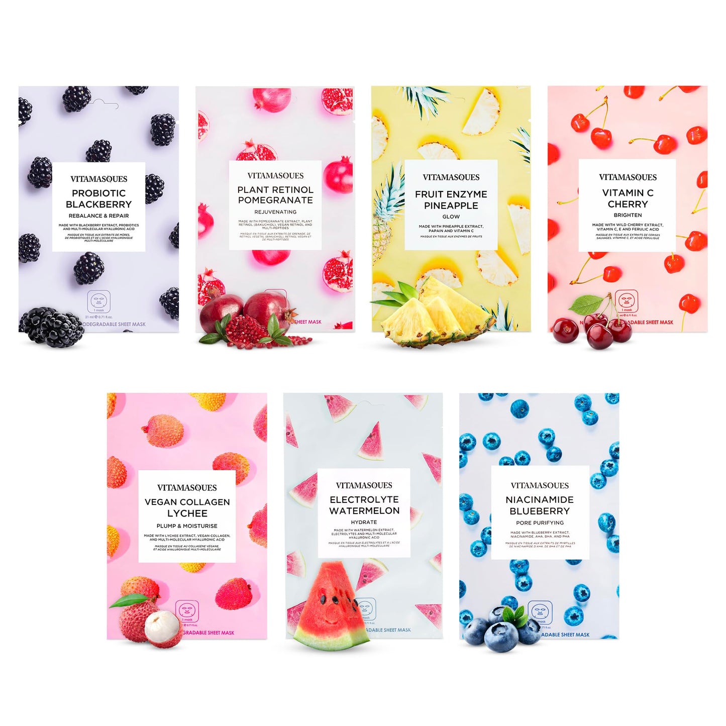 Vitamasques Face Masks Skincare Sheet Kit, 7-Pack - Juicy Collection of Triple-Layer Sheet Facial Masks - Korean Skin Care Pore Purifying, Brightening, and Hydrating