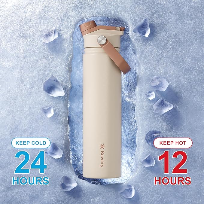 24 oz Insulated Water Bottle, 2-in-1 Lid, Straw & Spout with Protected, Leak Proof, Keep Cold, Stainless Steel, Metal, Reusable, Handle, for Travel, Gym and School, 2 Lids, Mousse