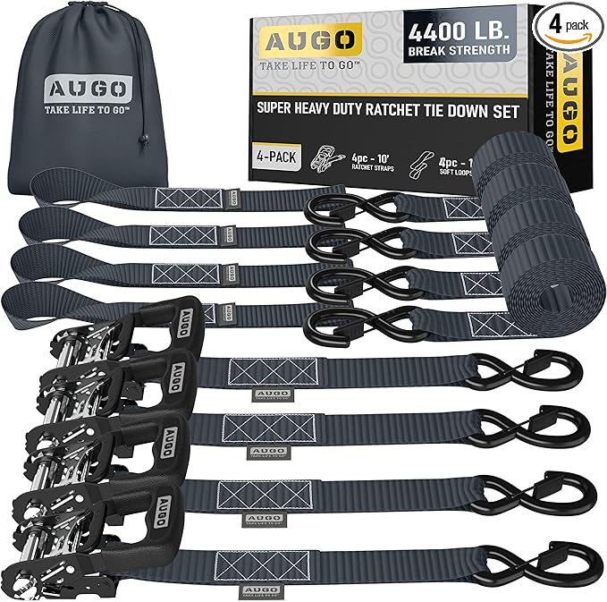 AUGO Heavy Duty Ratchet Straps & Soft Loops – Pack of 4 Extra Strong 1.5” by 10’ Ratchet Straps w/S-Hook Safety Latches & 4 Soft Loop Tie Downs – 4400Lb Break Strength for Motorcycles, ATVs, Etc.