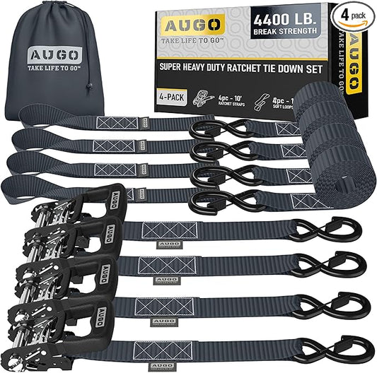 AUGO Heavy Duty Ratchet Straps & Soft Loops – Pack of 4 Extra Strong 1.5” by 10’ Ratchet Straps w/S-Hook Safety Latches & 4 Soft Loop Tie Downs – 4400Lb Break Strength for Motorcycles, ATVs, Etc.