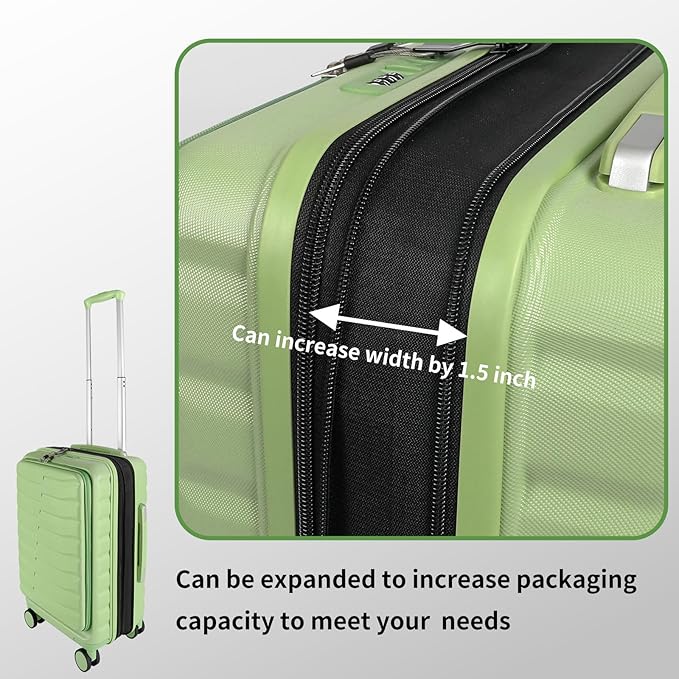 22×14×9 Airline Approved Carry On Luggage with Front Open Pocket, Spinner Wheels, ABS+PC Hardshell Small 20inch Suitcase with Protective Cover and Luggage Tag, Avocado Green