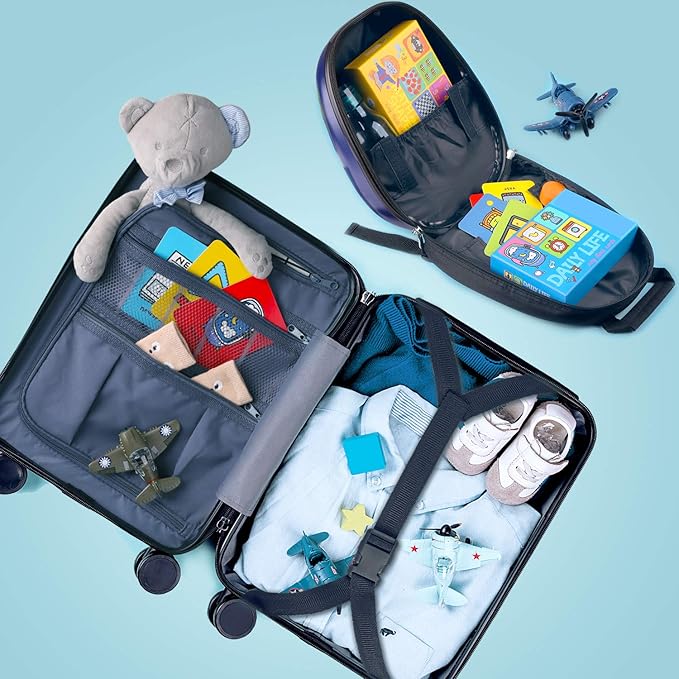 iPlay, iLearn Airplane Kids Luggage, Boys Carry On Suitcase, 18" Hardside Travel Luggage Set W/Backpack, Toddler Rolling Luggage W/ 4 Spinner Wheels, Children Holiday Birthday Gift