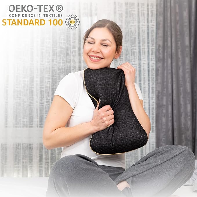 Travel & Camping Comfortable Memory Foam Pillow – Easy to Carry Portable Bag – Temperature Regulating Pillow Case (Black + Extra Cover)