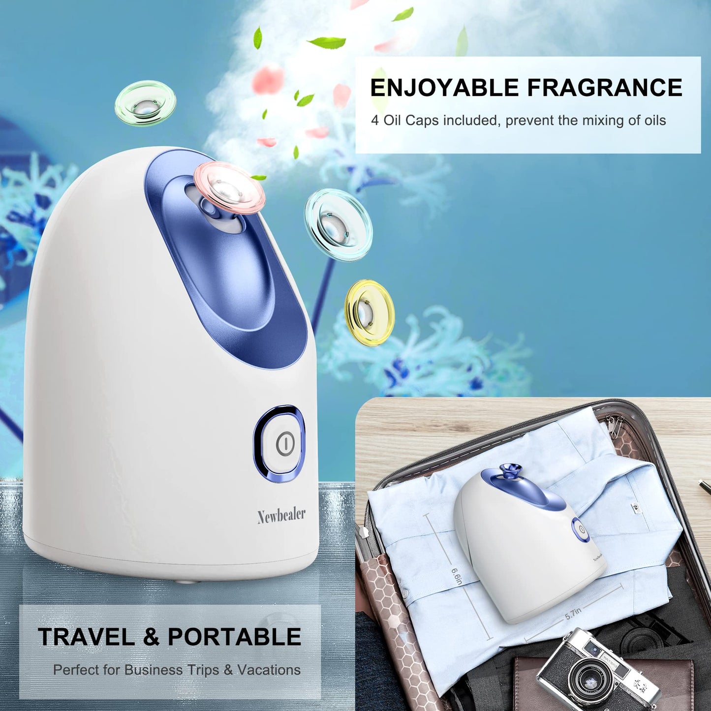 Newbealer Facial Steamer, Mini Aroma Face Steamer, Nano Ionic Hot Mist Face Humidifier for Facial Deep Cleaning, Home Sauna Spa Sprayer with 9 Pieces Acne Remover Kit (Blue, 160ml)