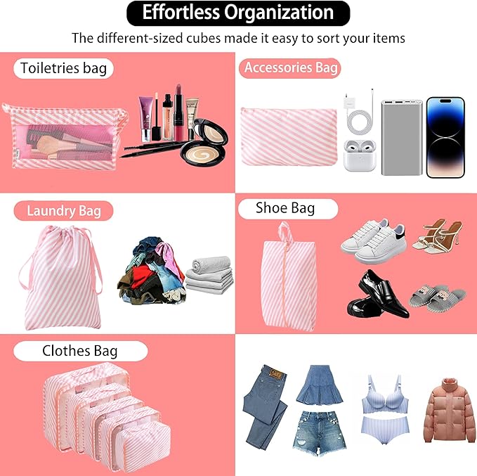 Compression Packing Cubes for Travel, Lightweight Vacation Travel Essentials, Travel Accessories for Suitcase Organizer Bags Set, Durable Luggage Organizer Travel Bags (pink/white 9 set)
