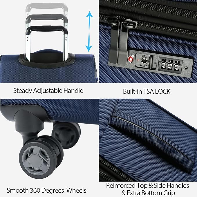 KROSER Softside Expandable Carry On Luggage with Spinner Wheels & Built-in TSA Lock, Durable Suitcase Rolling Luggage with USB Port, Carry-On 20-Inch, Navy