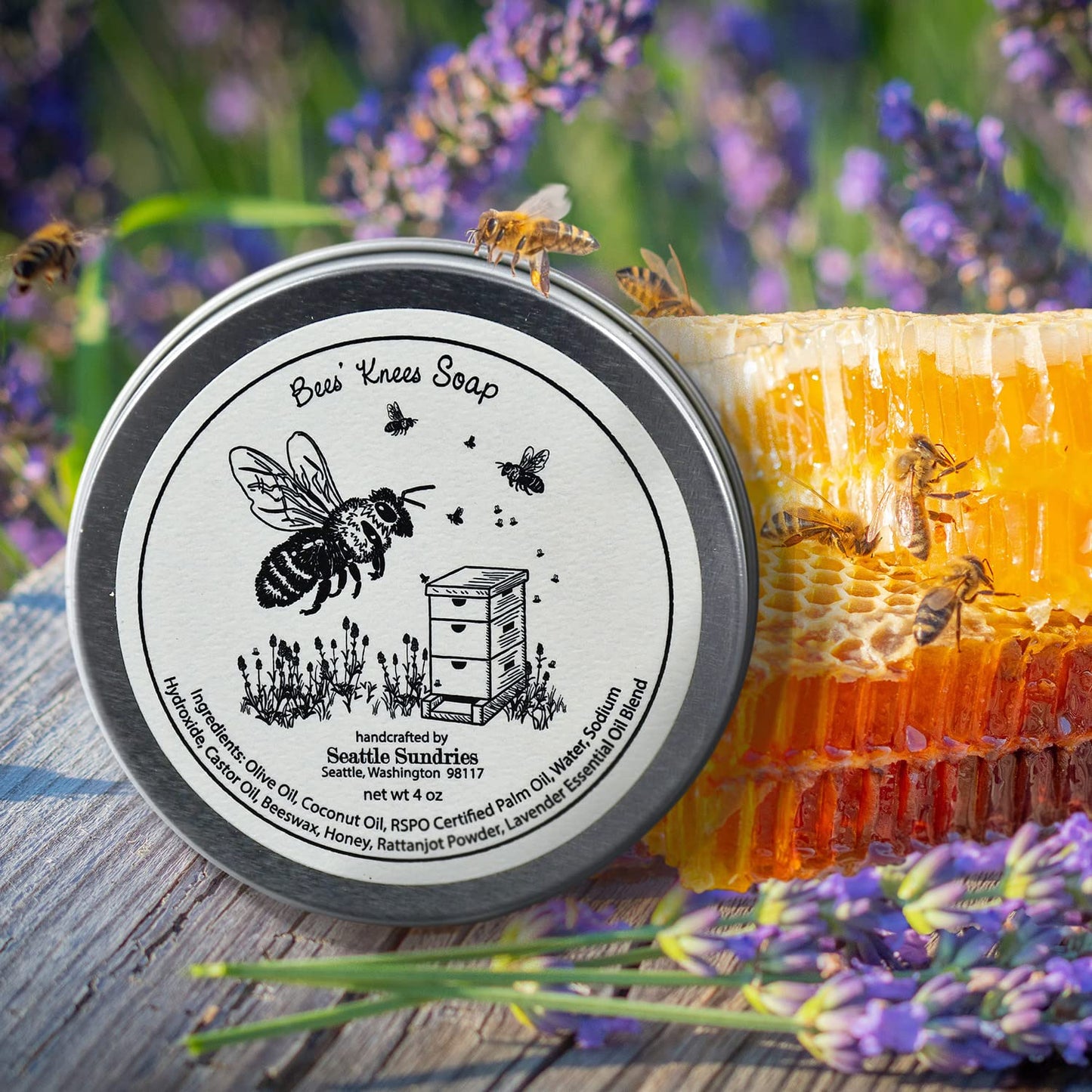 Seattle Sundries Lavender & Honey Soap Bar for Women & Men, 1 (4oz) All Natural Body Bar Soap in a Retro Aesthetic Tin, Fun Bee Themed Gift Idea