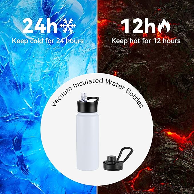 24oz Insulated Water Bottle with Straw Lid, Stainless Steel Metal Water Bottle with Straw & Wide Mouth Lid, Double Wall Vacuum Water Bottle for Hiking Camping, White 1 Pack