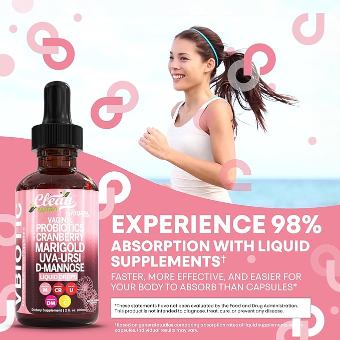 Clean Nutraceuticals VBiotic Vaginal Probiotic for Women Liquid Drops | Cranberry Uva Ursi Horsetail D-Mannose Prebiotics Marigold & Black Cohosh Vaginal Health Supplement | pH Balance