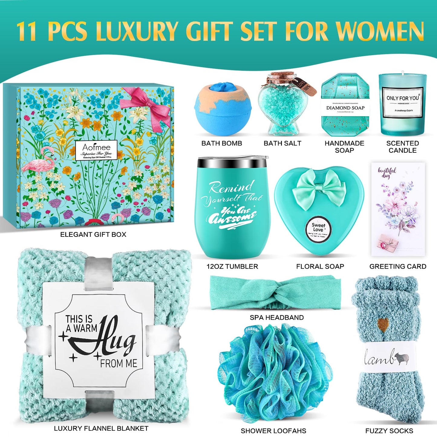 Birthday Gifts for Women, Thinking of You Gift Care Package with Luxury Flannel Blanket for Women Mom Her Wife Friends Sister, Blue Self Care Spa Relaxing Baskets for Christmas Valentines Mothers Day
