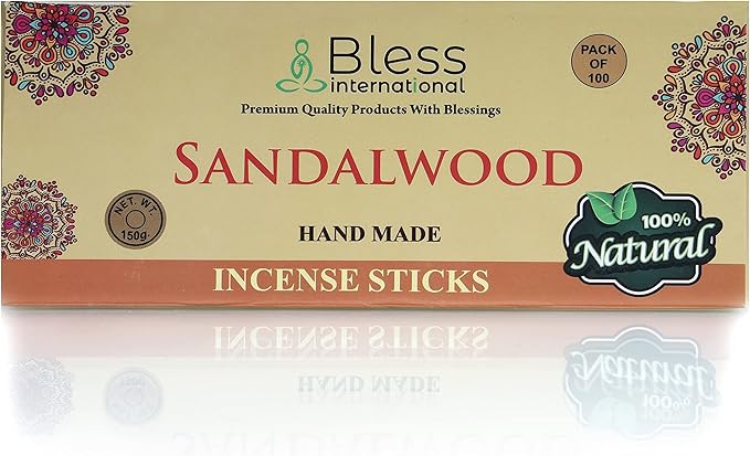 Bless-Sandalwood 100%-Natural-Handmade-Hand-Dipped-Incense-Sticks Organic-Chemicals-Charcoal-Free Purification-Relaxation-Positivity-Yoga-Meditation Best-Woods-Scent (100 Sticks (5.25 OZ))