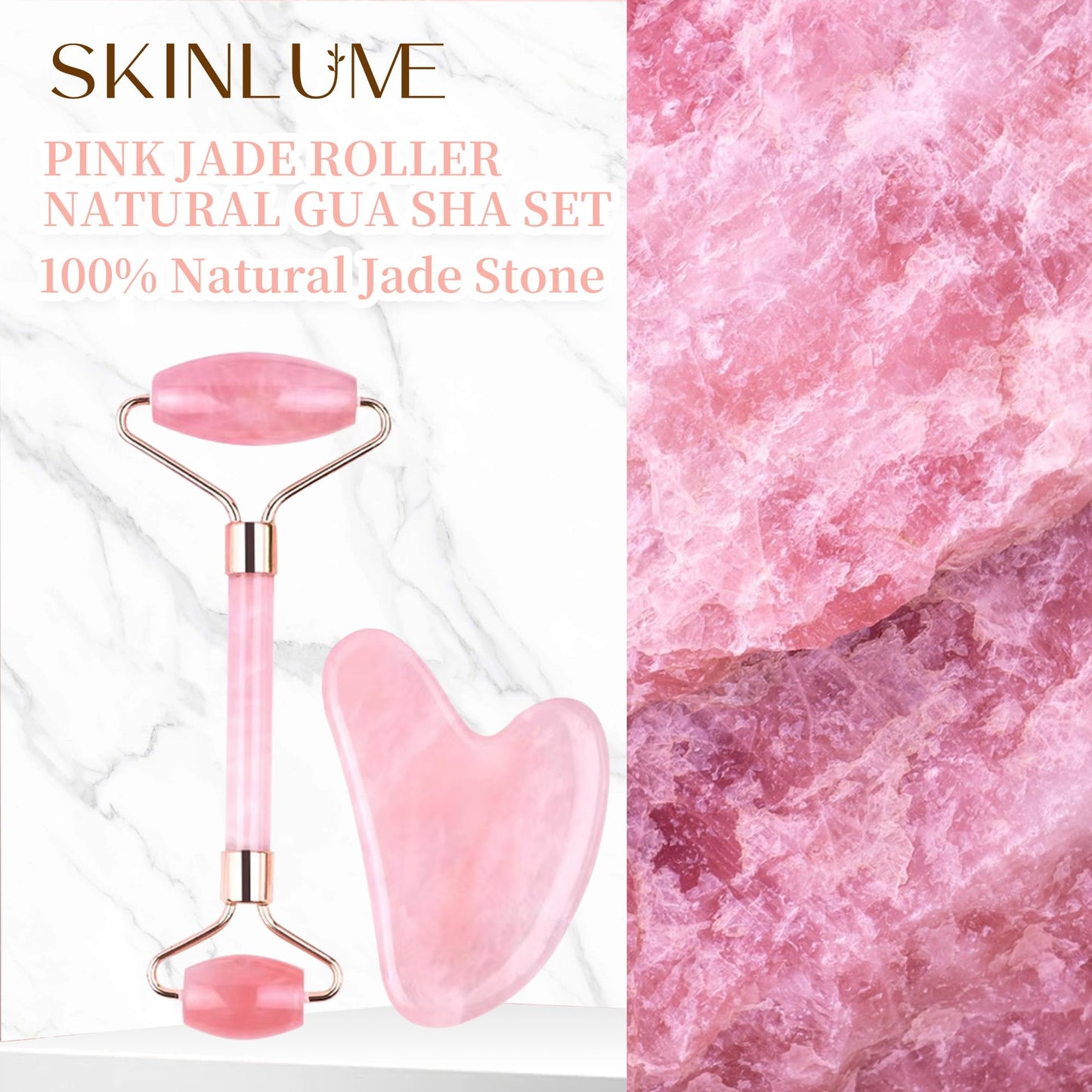 SkinLume Jade Roller Gua Sha Facial Tool - for Face Neck Eye Jawline, Reduce Puffiness and Tension, Gift Set for Men Woman 100% Natural Jade Stone (Pink)