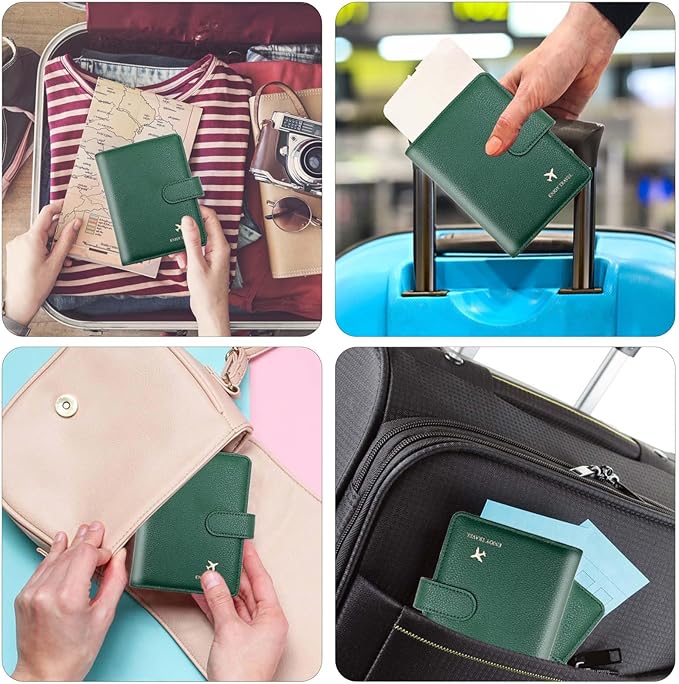 Cnycmy Passport Holder with RFID Blocking, Cash Pocket & Back Zipper Coin Pocket - Travel Document Holder, Magnetic Button, Multiple Card Slots - Soft PU Leather for Men and Women(MOSS GREEN)