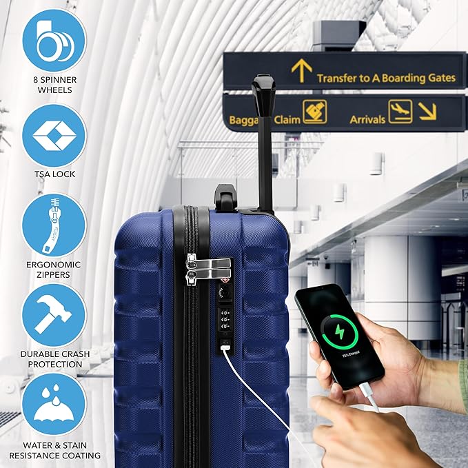 Carry On Suitcase Hardside Built In TSA Lock & USB Port Silent Double Spinner Wheels Maximum Underseat Carry-On Bag For American & United Approved Airlines( 18x14x8" ,Navy )