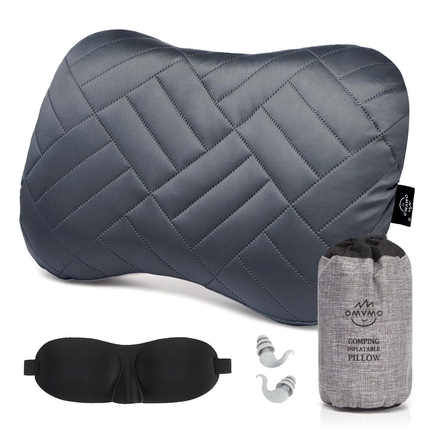 OMVMO Camping Pillow with Washable Removable Cover -Ultralight Inflatable Pillow for Neck Lumbar Support with Silicone Silent Earplugs and 3D Sleep Eye Mask-Travel Air Pillows for Hiking,Backpacking