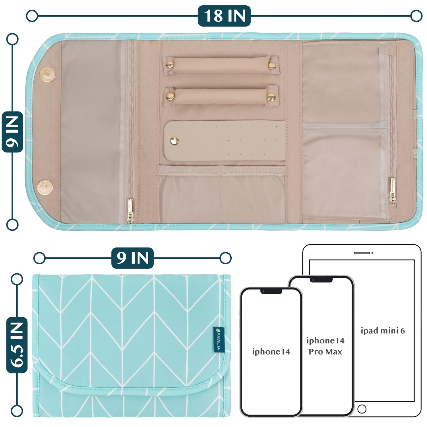 PAVILIA Travel Jewelry Case Organizer, Foldable Jewelry Travel Roll Bag, Small Jewelry Travel Pouch Wallet for Earrings, Rings, Necklaces, Bracelets, Travel Packing Accessories (Chevron Teal)