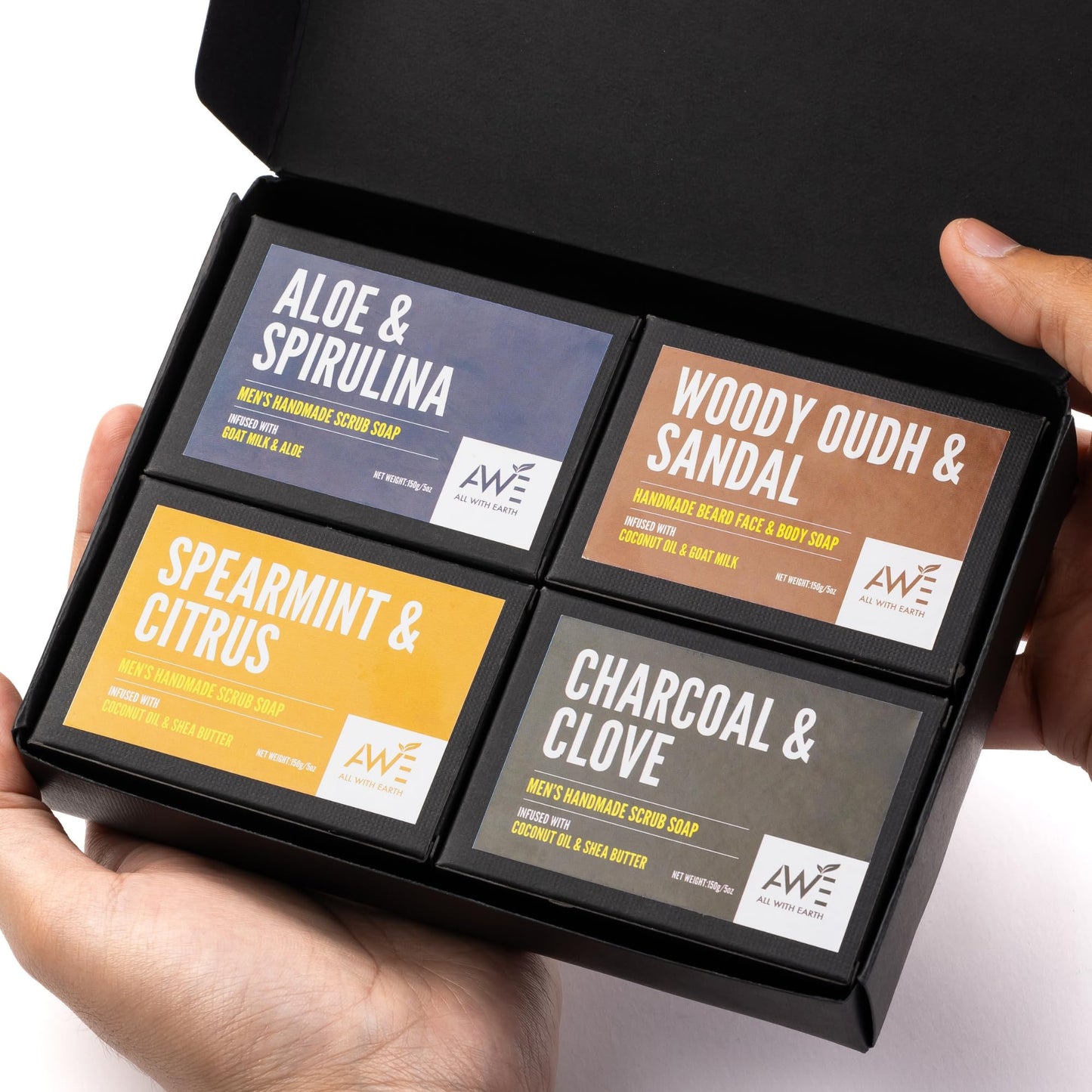 All With Earth Men’s Moisturizing Scrub Soap Set of 4 Handmade Natural Bars Rugged Masculine Scents Deep Cleanse Hydrate Nourish Face Beard Body (Option 1)