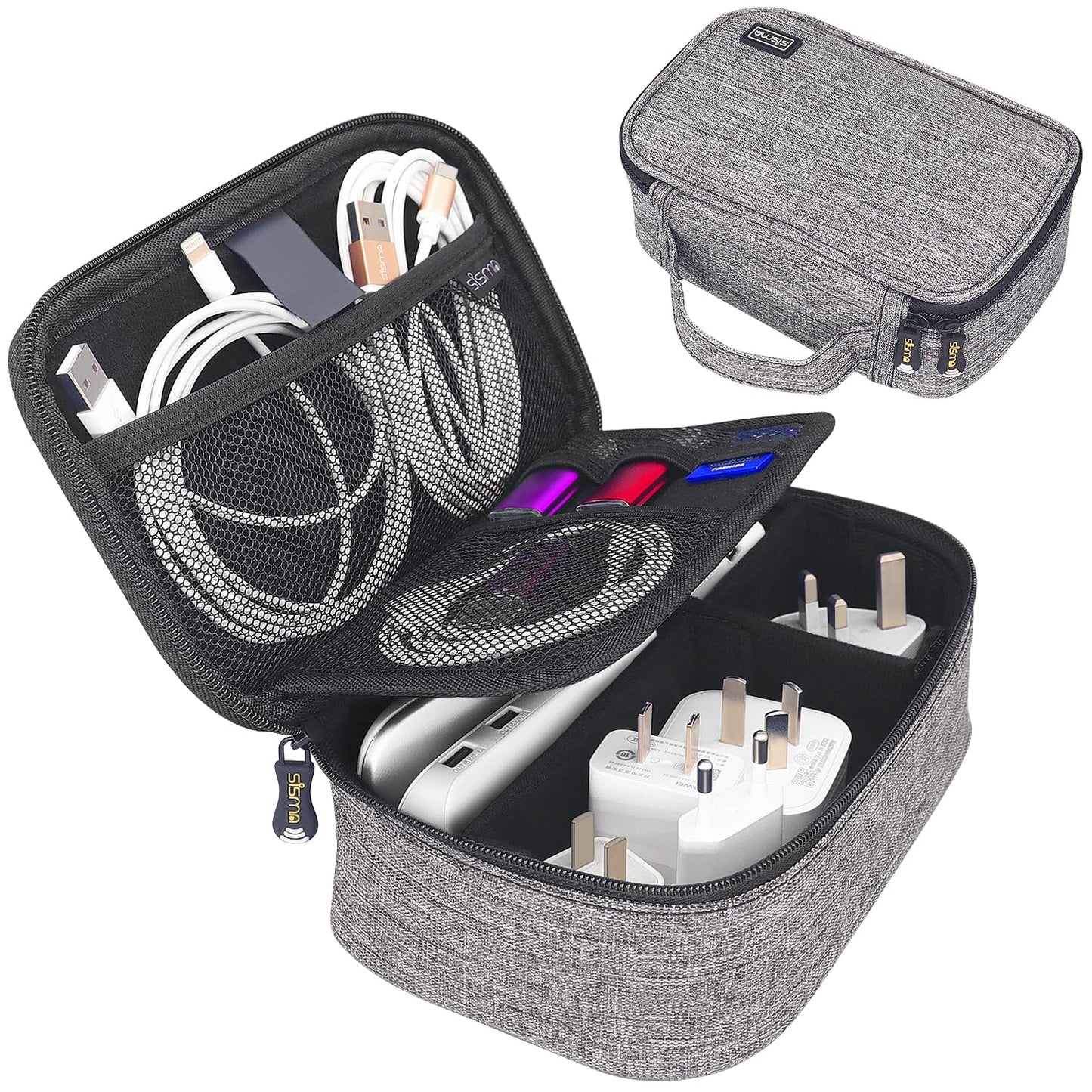 sisma Electronics Cords Organizer Tech Accessories Storage Case Travel Small Carrying Bag for Charging Cables Adapter USB Plugs Power Cord Leads - Grey 1680d