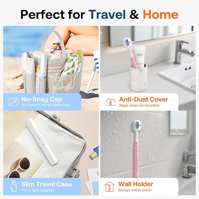 Bitvae Ultrasonic Electric Toothbrush for Adults and Kids, ADA Accepted Travel Electric Toothbrush with Rechargeable 60-Day Battery Life, 8 Heads, 5 Modes, Case/Holder, Quartz Pink