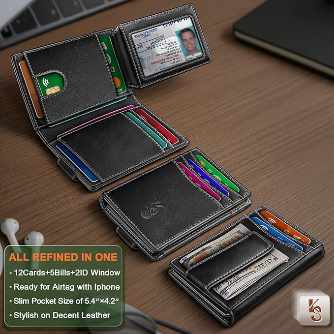 KEMISANT Men Wallet, Slim Leather Wallet Money Clip Magnetic Closure ID Windows 14Cards RFID Blocking