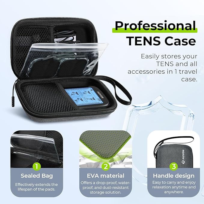 AUVON 3-in-1 TENS Unit Muscle Stimulator, Dual Channel Electronic Pulse Massager, TENS EMS Machine, 24 Modes Muscle Massager for Pain Relief Therapy, EVA Travel Case, 12 Pcs TENS Unit Electrodes Pads