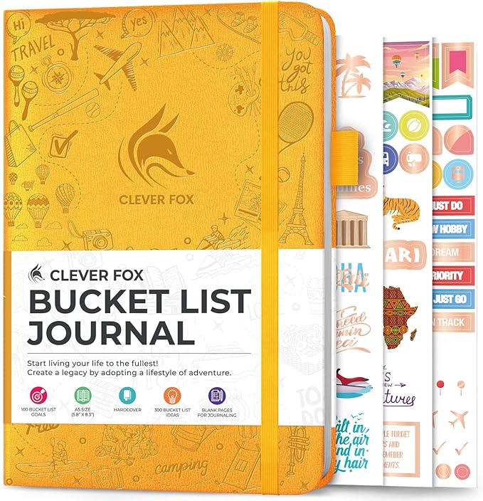 Clever Fox Bucket List Journal – Inspirational Book for Memories & Adventures – Motivational Bucket List Notebook for Couples, A5 (Amber Yellow)