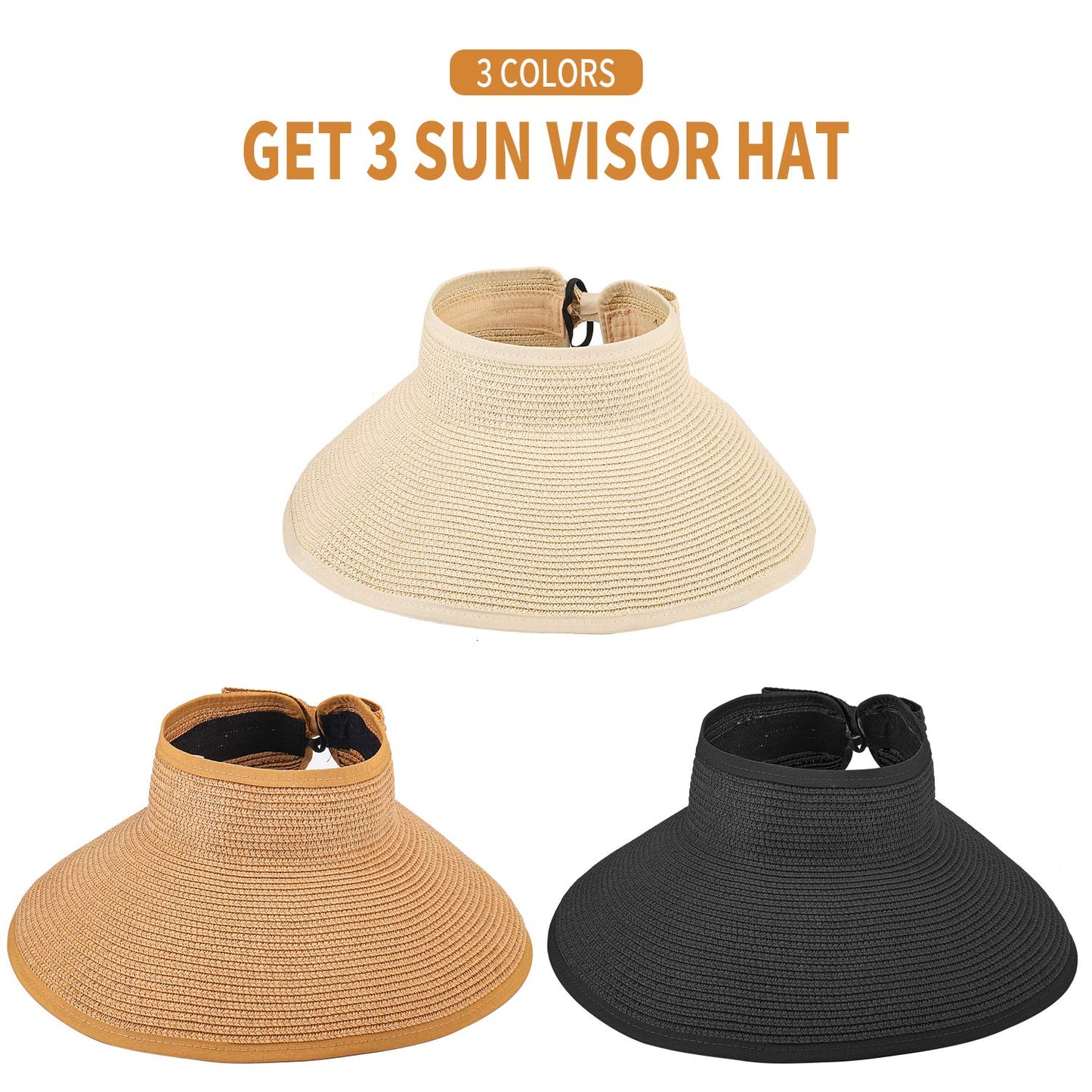 MEINICY 3PCS Foldable Straw Sun Visor Hats for Women, Wide Brim Ponytail Summer Beach Hat, Protect Your Skin Easily, Nature & Black & Beige