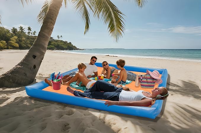 Large Beach Blanket Sandproof, 79"×83" Beach Mat for Family, Beach Mats with Pillow, Camping Sleeping Mat Portable Outdoor with Side Walls, Beach Essentials
