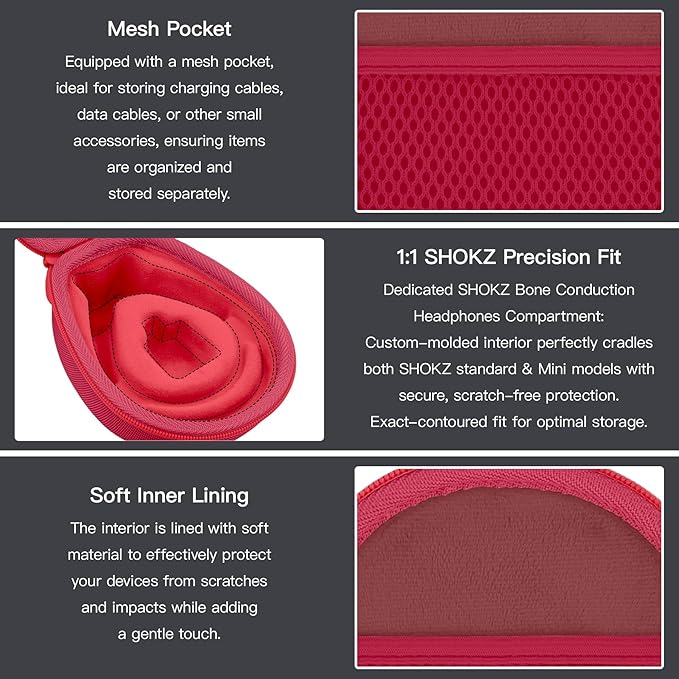 co2CREA Hard Case for SHOKZ New OpenRun Pro 2/1/Mini, OpenRun Standard/Mini, OpenMove, OpenSwim Pro, OpenSwim, Compatible with All SHOKZ Open-Ear Bone Conduction Sport Headphones, Red Case