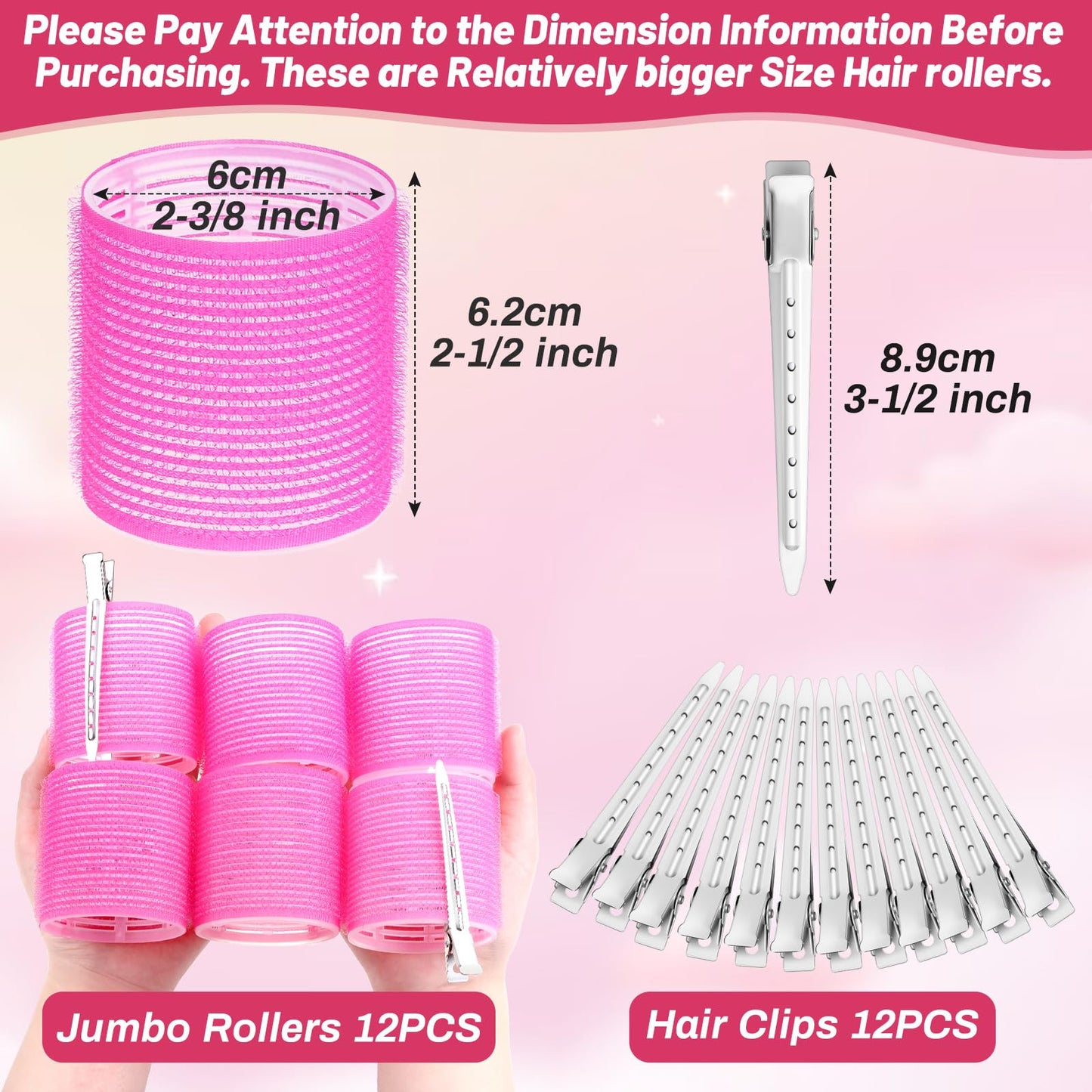 Jumbo Hair Rollers Set - 24 Pieces with 12 Large Rollers and 12 Clips for Voluminous Long Thick Hair (Hot Pink)