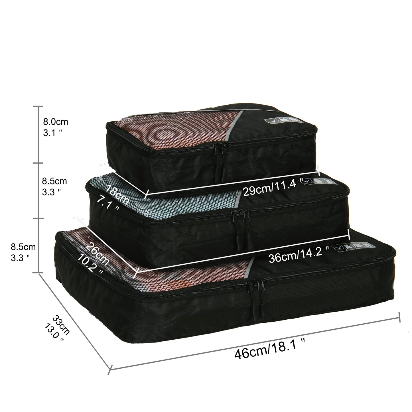 Hynes Eagle 3 Pieces Packing Cubes Set Travel Luggage Organizer Bag Black