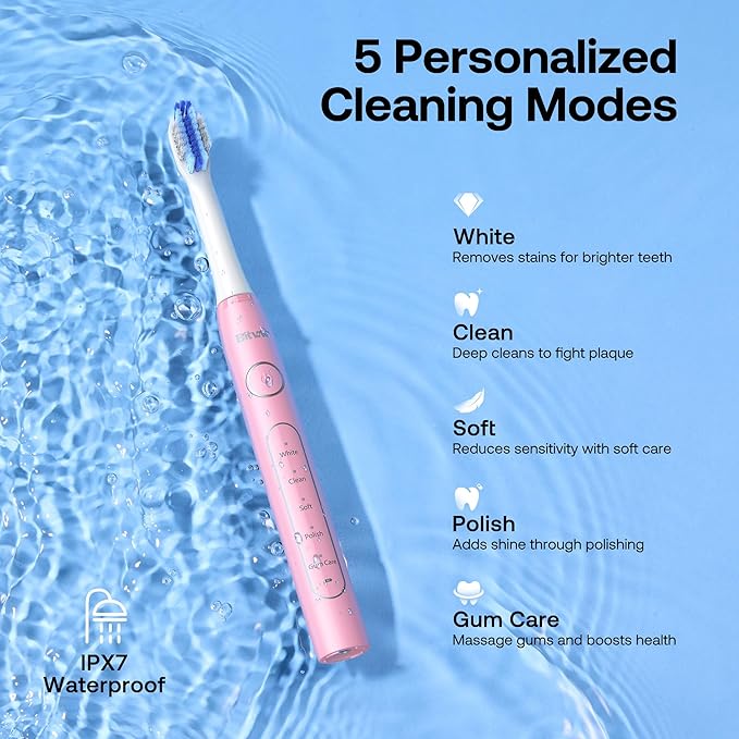 Bitvae Ultrasonic Electric Toothbrush for Adults and Kids, ADA Accepted Travel Electric Toothbrush with Rechargeable 60-Day Battery Life, 8 Heads, 5 Modes, Case/Holder, Quartz Pink
