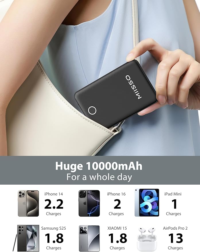 10000mAh Compatible with iPhone 15/16/17 (Only) Slim Portable Charger with Built in Cable, Power Bank Travel Charger External Battery Pack for Phone, 3 Output USB Type C Cord, 2 Pack Black & White