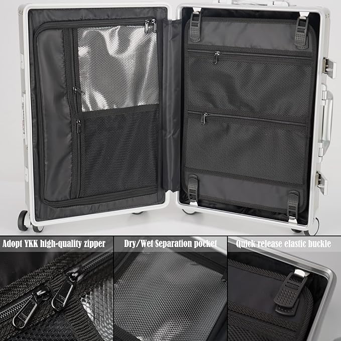 Carry-on Luggage: Silver 20 inch Aluminum-Made Hardshell Suitcase with Spinner Wheels - Zipperless - USB-C Port - TSA Locks - Weekend Getaways International travel Business