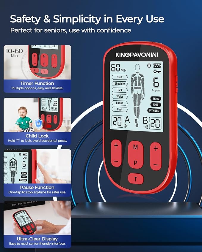 KingPavonini 3-in-1 TENS Unit Muscle Stimulator for Pain Relief Therapy, Dual Channel 36 Modes TENS Machine with 12 Pads, Rechargeable & Portable EMS Muscle Stimulator for Back, Shoulder, Neck