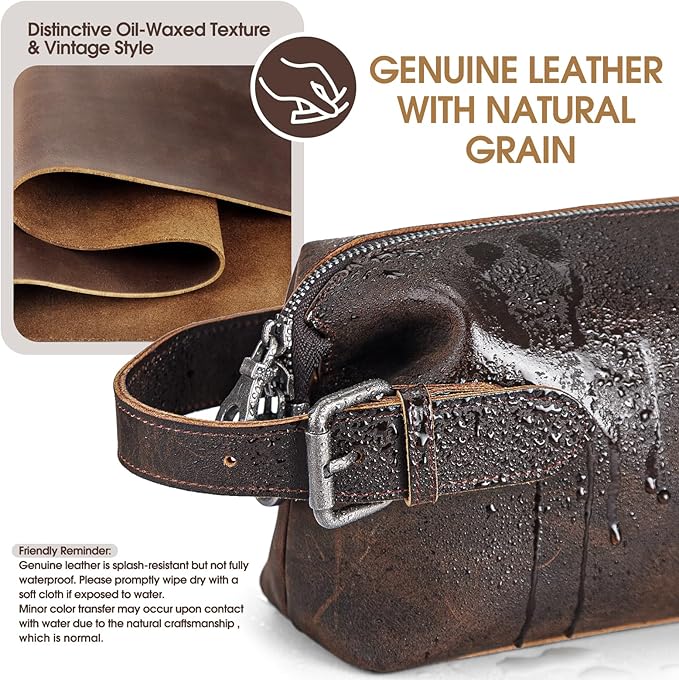 100% Genuine Leather Toiletry Bag for Men - Premium Handmade Crazy Horse Grain Leather - Best Gift for Men- Travel Toiletry Organizer - Shaving Bag for Toiletry Hanging Dopp Kit for Father Husband