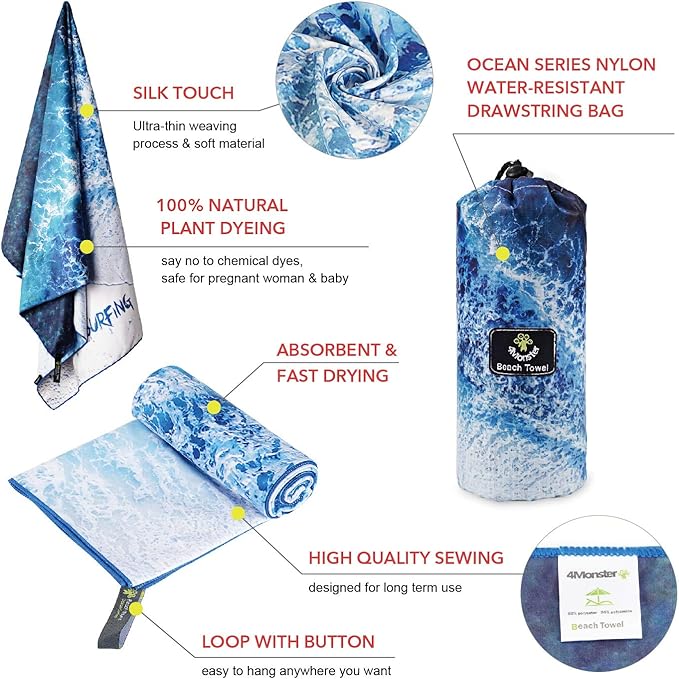 4Monster Microfiber Beach Towel Quick Dry,Super Absorbent Lightweight Travel Towel for Swimmers, Sand Free Camping Towel, Beach Towels for Pool,Swim,Water Sports,Yoga