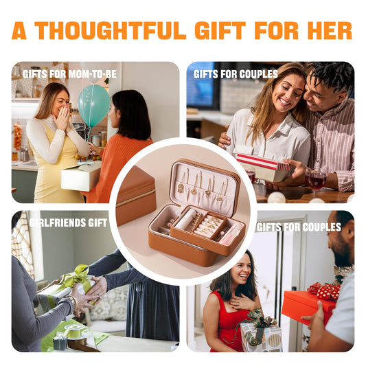 AYUOKER Brown Small Travel Jewelry Box,2 Layers PU Leather Travel Jewelry Box with Double Zippers, Portable Travel Jewelry Organizer for Necklace/Bracelet/Ring/Brooch