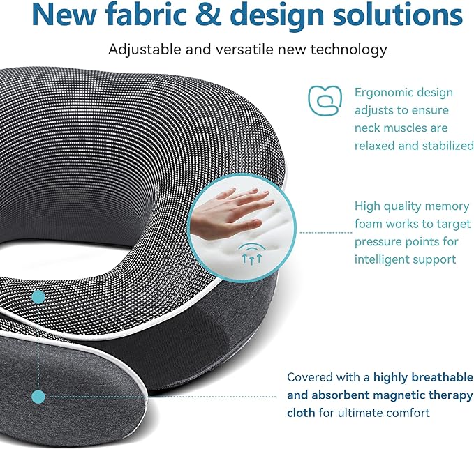 Travel Neck Pillow 100% Memory Foam – Airplane & Car Travel Essentials Kit with 3D Eye Mask, Earplugs & Mesh Bag – Sleeping Support Pillow for Adults (Dark Grey)