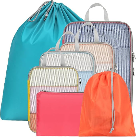 Cambond Compression Packing Cubes for Travel - 7 Set Multi-color See Through Mesh Compression Cubes for Travel Essentials with Large Laundry Bag, Luggage Packing Organizers Bags for Suitcases