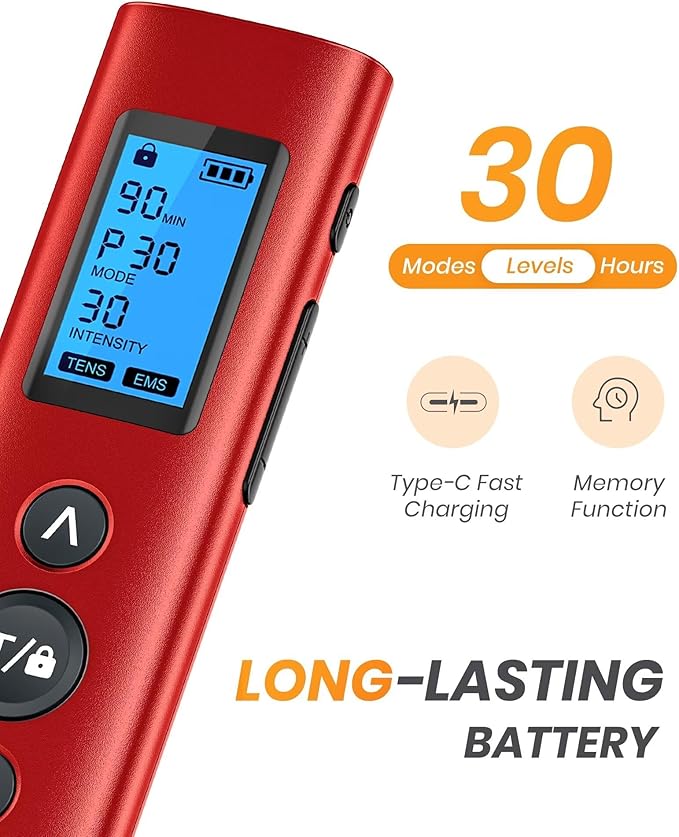 30 Modes TENS EMS Unit Compact Muscle Stimulator for Pain Relief, Rechargeable & Portable Dual Channel Muscle Stimulator with 30 Intensity Levels and 12 Electrode Tens Unit Replacement Pads Red