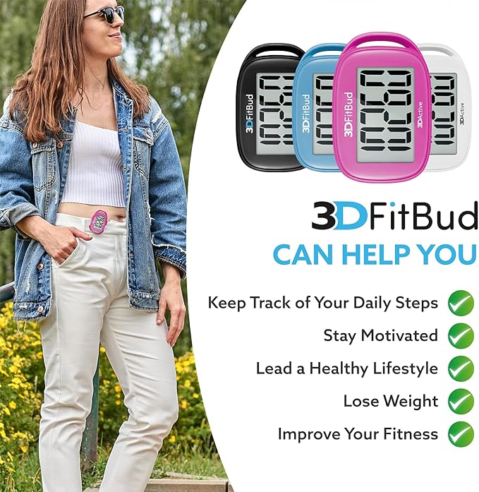 3DFitBud Simple Step Counter Walking 3D Pedometer by 3DActive with Clip, Lanyard Accurate Fitness Tracker for Men, Women & Elderly Daily Exercise - A420S
