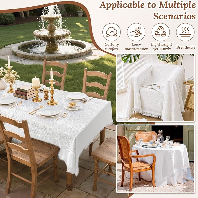 110 x 91 Extra Large White Outdoor Picnic Blanket, Woven Cotton Yarn Oversize Portable Blanket with Fringe for Camping, Lawn or Wedding. Indoor Bohemia Decorations, Machine Washable (110x91 Inches)