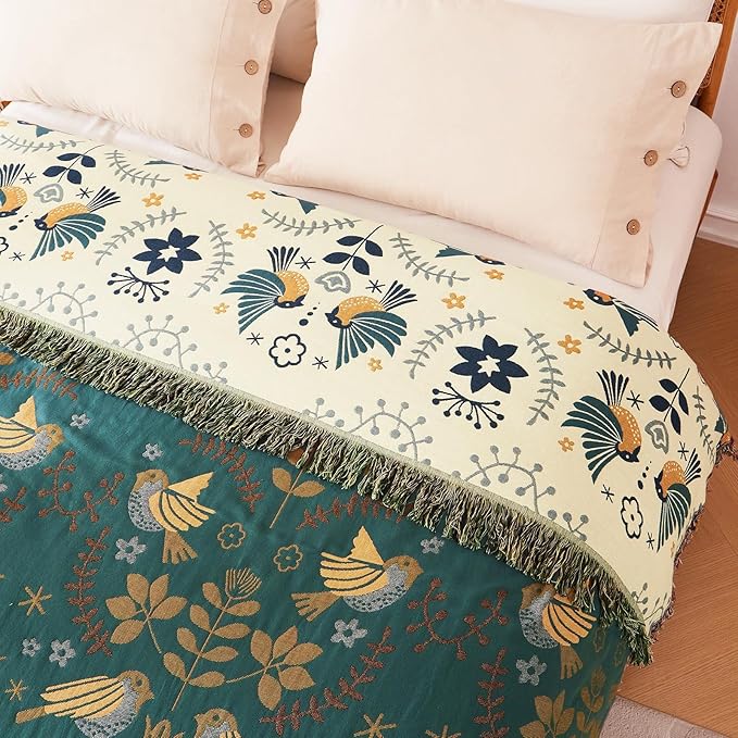 Boho Throw Blanket for Bed 100% Cotton Ultra Soft Rustic Quilt Queen Blanket Bird Floral Printed Farmhouse Decor Large Fall Bed Blankets,90"×98" All Season Rustic Throw for Sofa Couch Chair