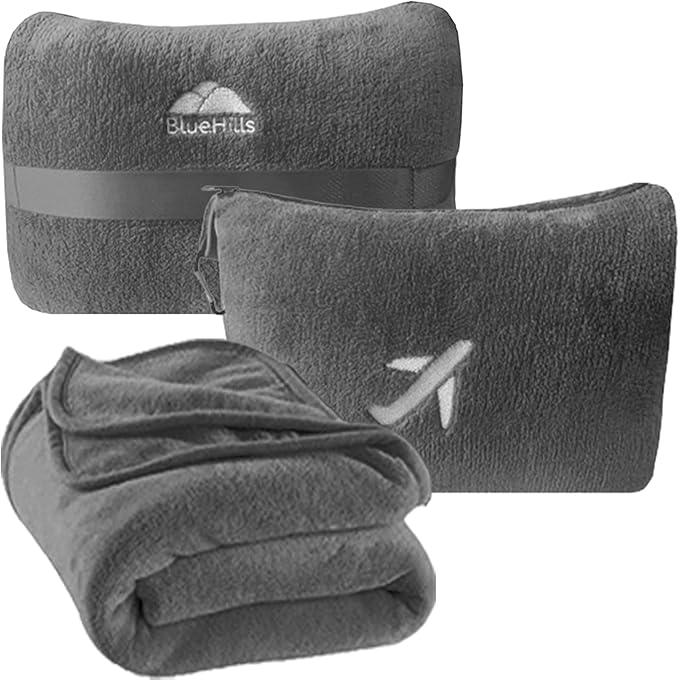 BlueHills Travel Blanket Pillow in Mini Soft Case Premium Plush Airplane Blanket Soft Bag Compact Pack with Luggage Belt and Backpack Clip Small Lightweight Traveling Plane Essentials - Grey Gray M01