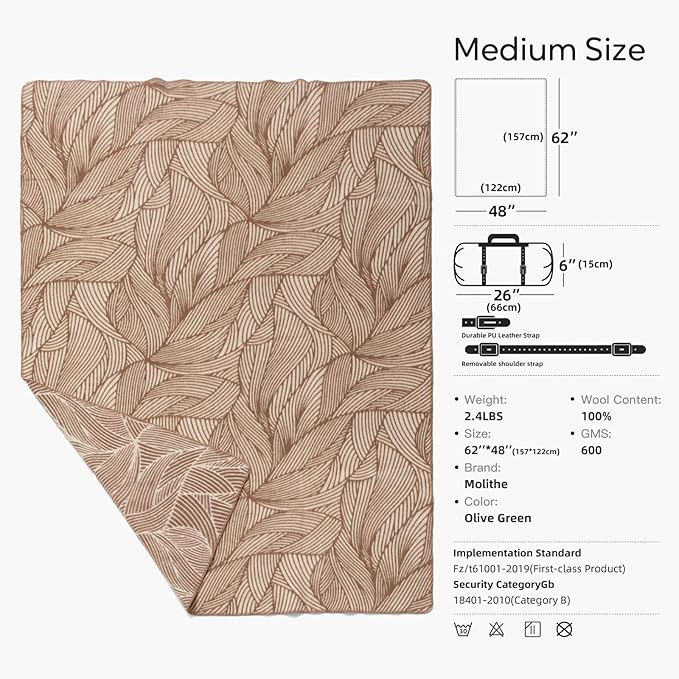 100% Wool Blanket, 48" x 62", Warm, Thick, Washable, Military Wool Blanket, Great for Camping, Outdoors, Sporting Events, Survival Kits