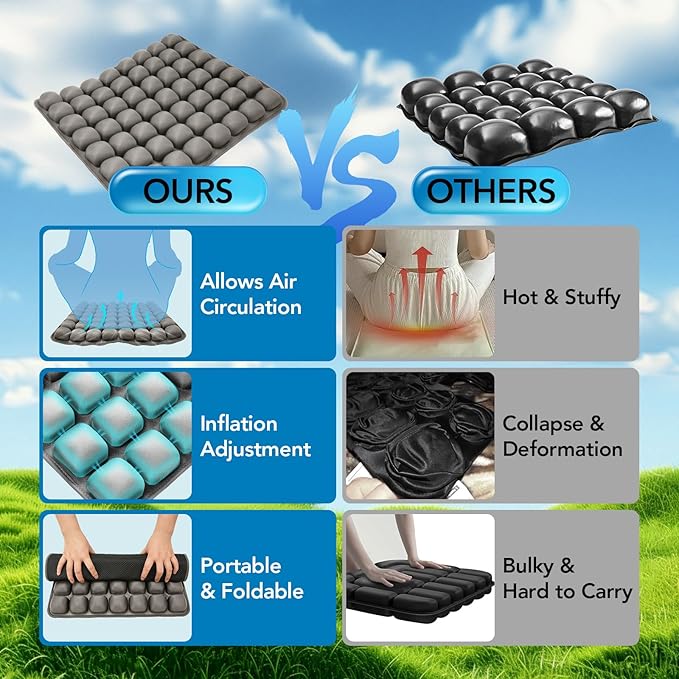 Air Inflatable Travel Seat Cushion, Portable Breathable Comfort Cushion, 56 Air Bubble Design for Airplane, Car, Office Chairs & Home Living – Lightweight & Ergonomic Support,18” x 16” (Grey)