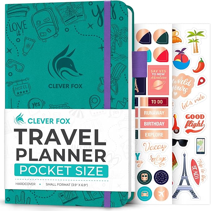 Clever Fox Travel Journal Pocket – Vacation & Road Trip Itinerary Planner Organizer & Traveling Memory Diary – Small Traveler Notebook (Turquoise)