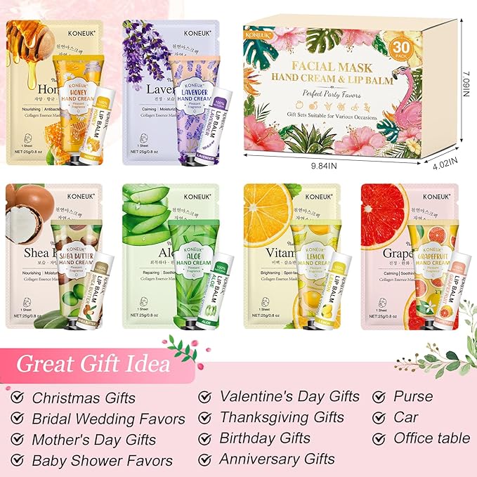 30 Pack Bulk Facial Mask, Bulk Hand Cream and Bulk Lip Balm Sets, Bridesmaid Gifts, Thank You Gifts, Bridal Shower Favors and Baby Shower Party Favors for Guests, Birthday Gifts, Small Gifts for Women